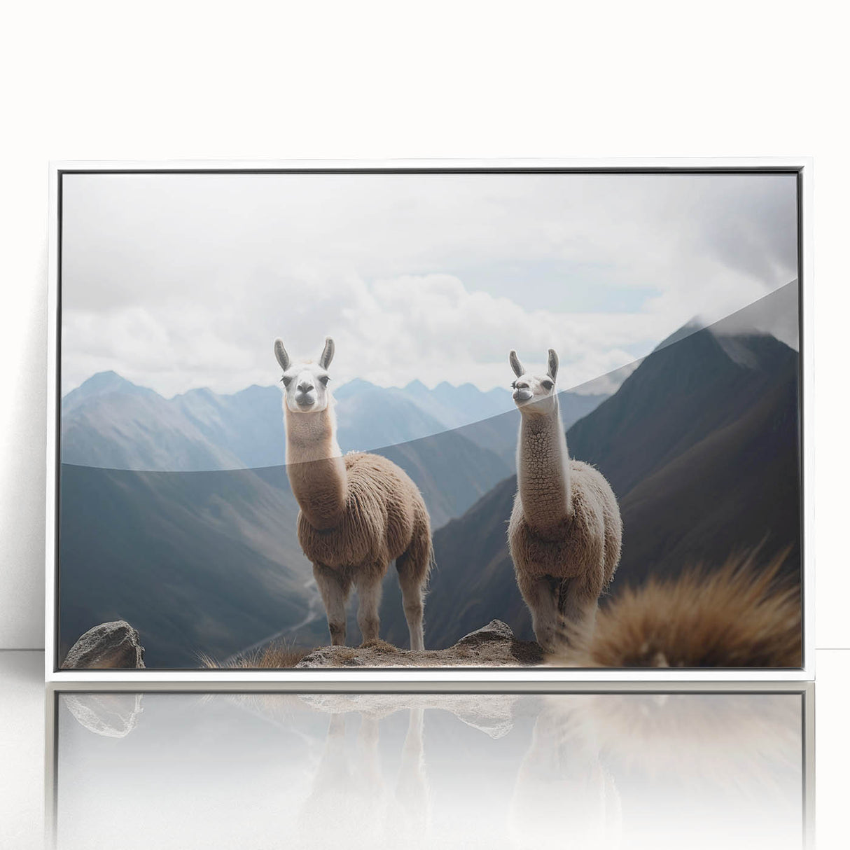 Acrylic print of a serene Peruvian landscape in soft pastel shades, framed in white, suitable for modern nursery decor.