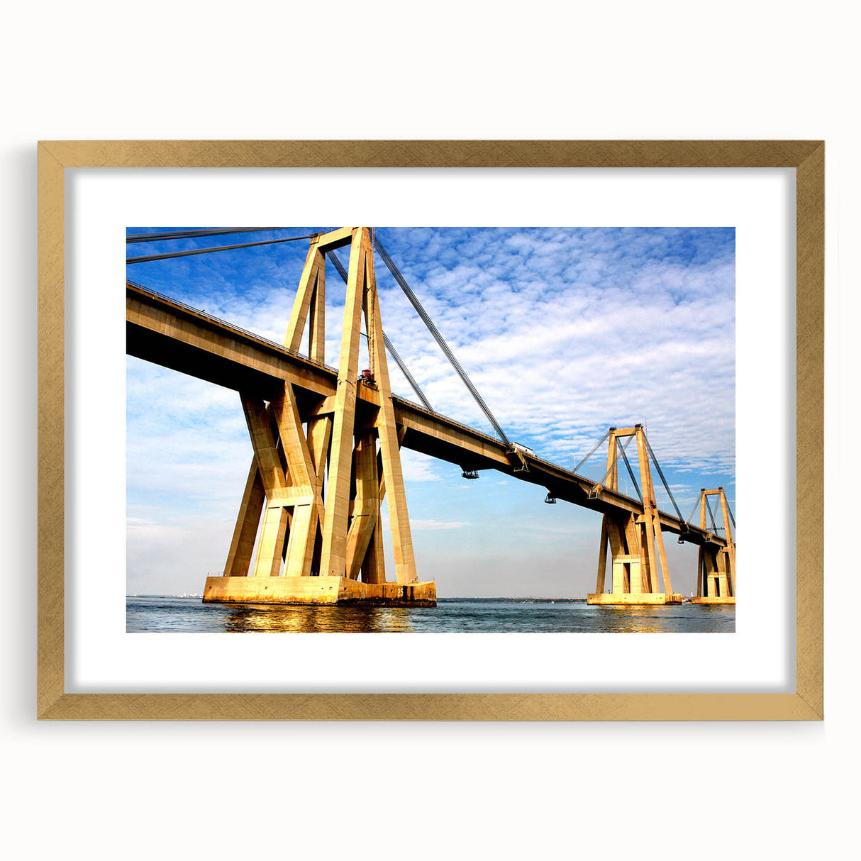 Extra large abstract art print of Venezuelan scenery in muted earth tones on a textured canvas, framed in gold.