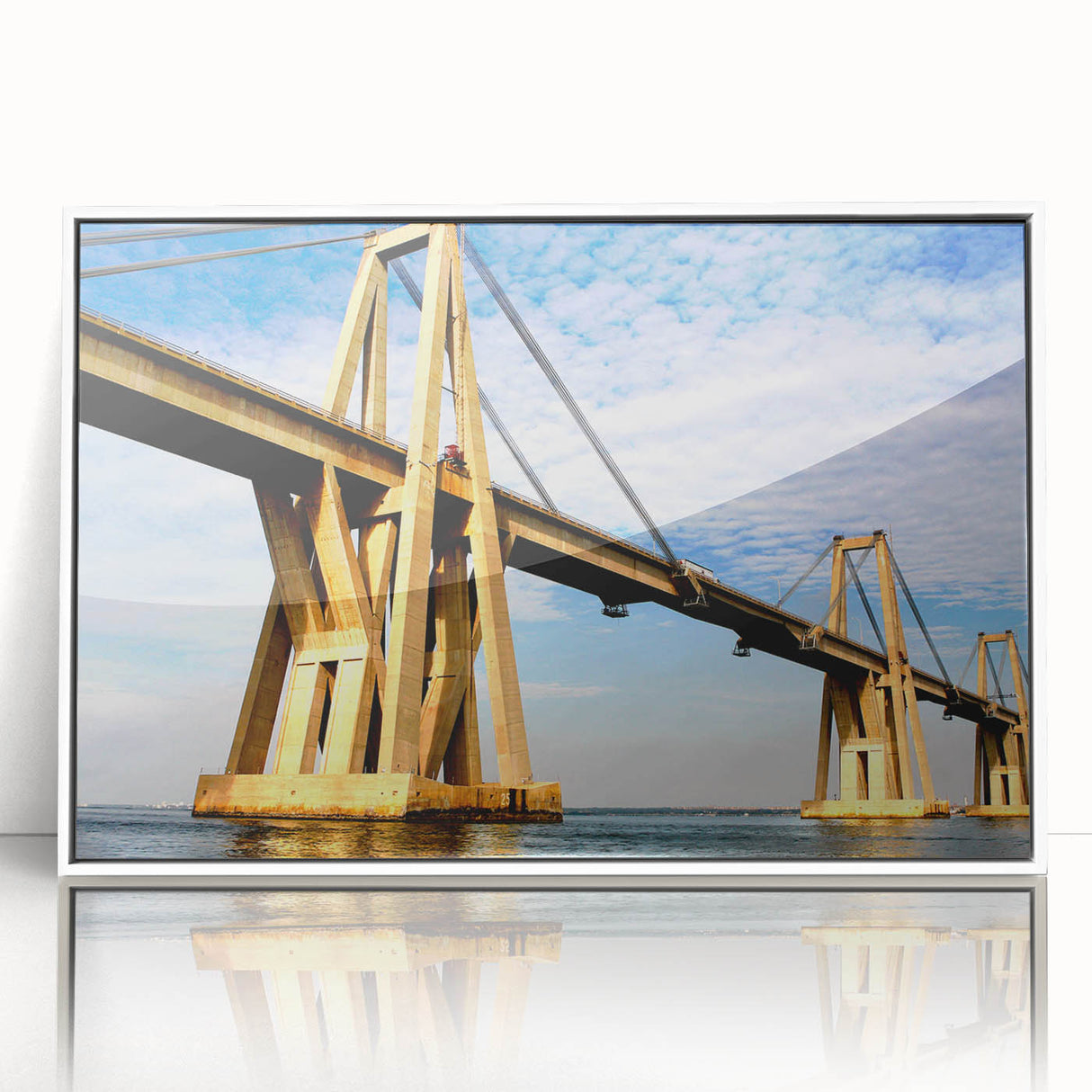 Acrylic print of a scenic Venezuelan landscape in muted earth tones, framed in white, suitable for modern art wall decor.