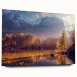 Large abstract depiction of Alaskan scenery in muted blue and white tones on acrylic glass.