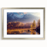 Textured art print of abstract Alaskan scenery in muted gray and blue tones, framed in silver, ideal for bedroom wall decor.