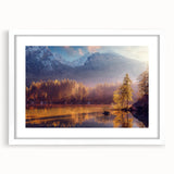 Abstract art print of Alaska scenery in muted blue and gray tones on a white framed canvas, suitable for dining room decor.