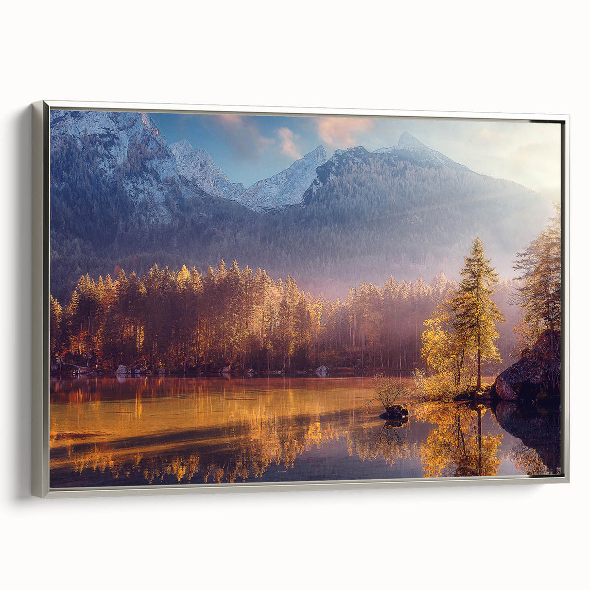 Framed canvas landscape art painting depicting a serene Alaskan scenery in muted earth tones, ideal for office decor.