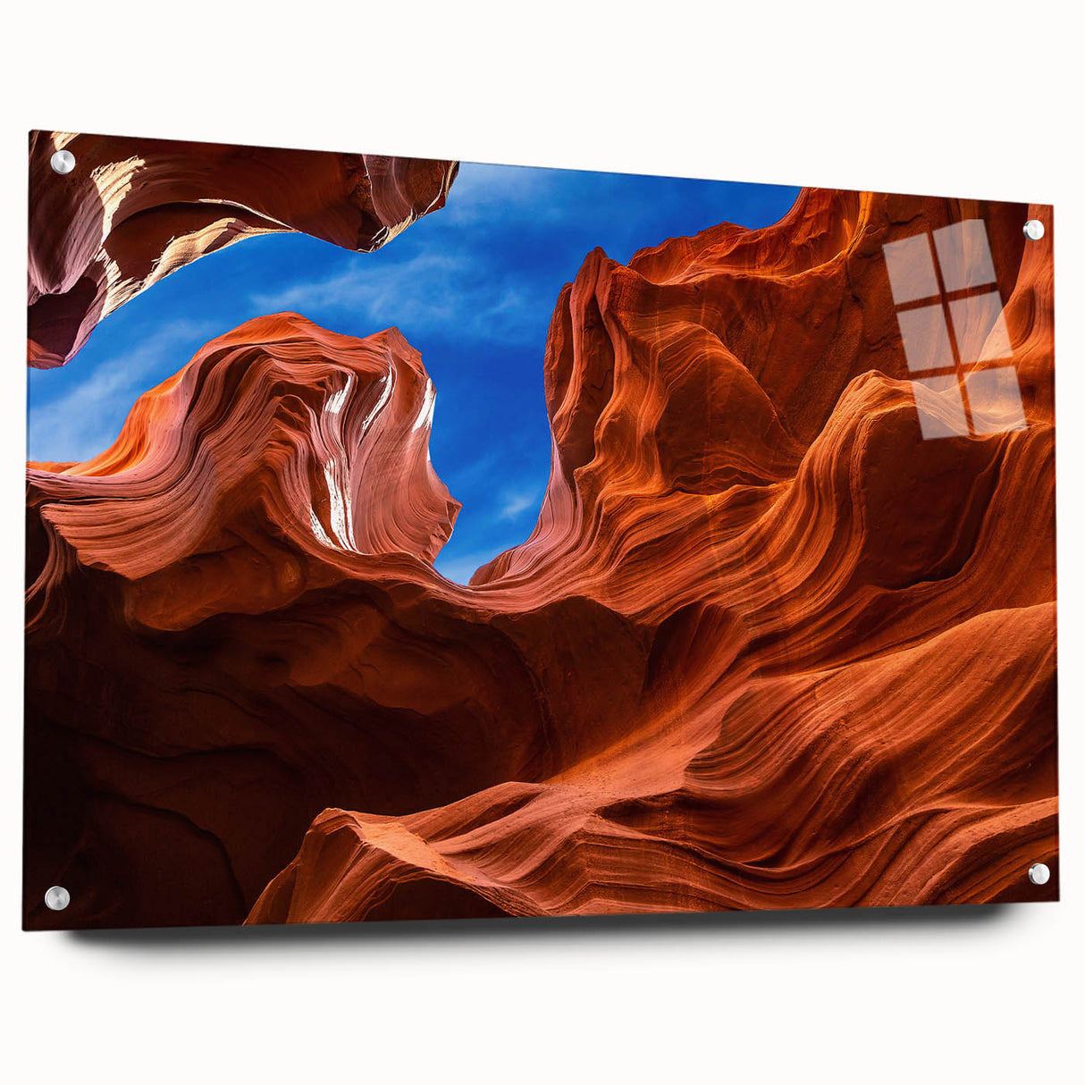 Large abstract depiction of Antelope Canyon in Arizona on acrylic glass, featuring earthy red and orange tones.