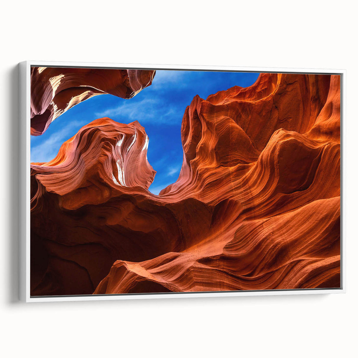 Vintage poster art of Antelope Canyon in Arizona on framed canvas, featuring rich earth tones, ideal for living room decor.