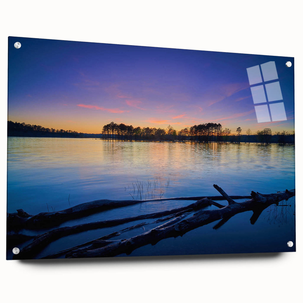 Acrylic print of a large abstract landscape in cool blue and green tones, suitable for bedroom or dining room decor.