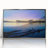 Mid-century modernist art of Arkansas scenery in muted blue and green tones on a framed acrylic.