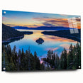 Acrylic glass print of Lake Tahoe with vibrant blue and green hues, ideal for bedroom or dining room decor.