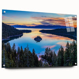 Acrylic glass print of Lake Tahoe with vibrant blue and green hues, ideal for bedroom or dining room decor.