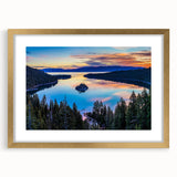 Extra large textured abstract art print of Lake Tahoe in a gold frame, featuring muted blue and green hues.