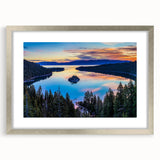 Textured art print of Lake Tahoe with abstract design in blue and silver hues, framed in silver, ideal for bedroom art.