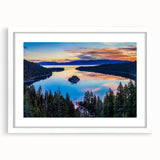Abstract art print of Lake Tahoe in muted blue and green tones, framed in white, suitable for bedroom or dining room decor.
