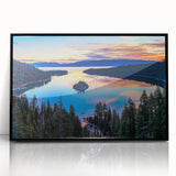 Large abstract wall art of Lake Tahoe with vibrant blue and green tones, framed in black acrylic.