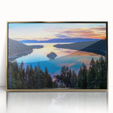 Framed acrylic print of Lake Tahoe with muted blue and green tones, ideal for modern art wall decor.