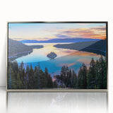 Mid-century modernist art depicting Lake Tahoe with clear blue hues on a silver-framed acrylic print.