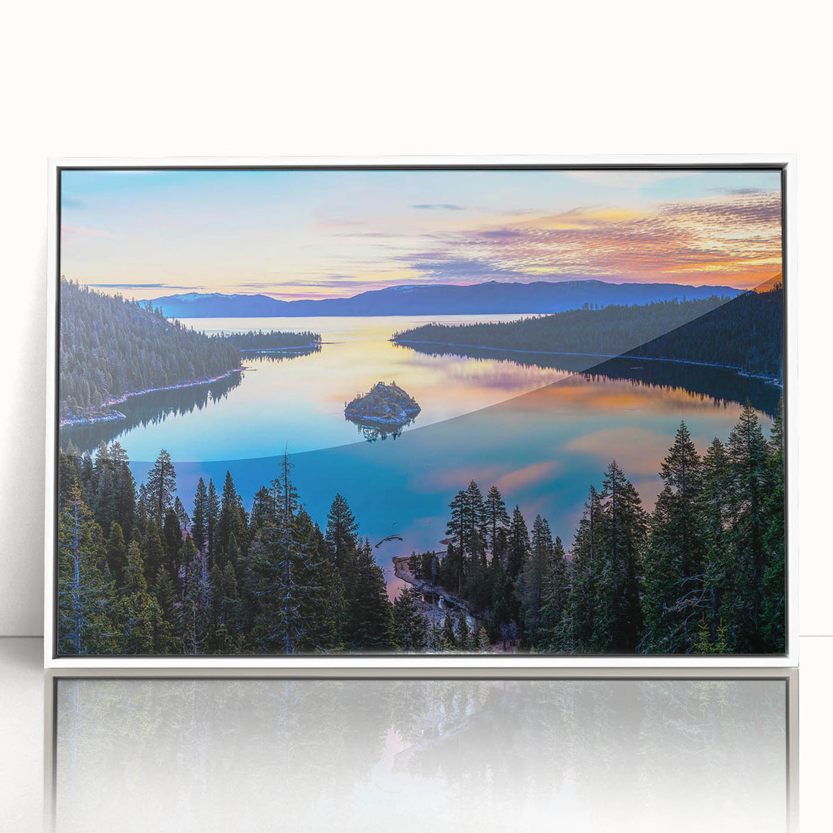 Art deco poster of Lake Tahoe with muted blue and green tones on a framed acrylic, ideal for modern art wall decor.