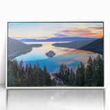 Art deco poster of Lake Tahoe with muted blue and green tones on a framed acrylic, ideal for modern art wall decor.