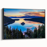 Black and white framed canvas of Lake Tahoe landscape, ideal for bedroom wall art in vintage poster style.