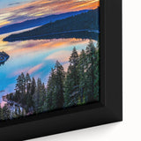 Extra large framed canvas of Lake Tahoe scenery in black with colorful, textured art details, ideal for living room decor.