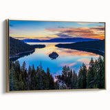 Framed canvas of Lake Tahoe with a vintage poster style in black, ideal for bedroom wall art.