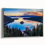 Landscape art painting of Lake Tahoe on a framed canvas, featuring vibrant blue and green tones, ideal for living room decor.
