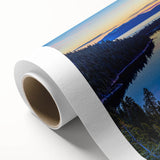 Art Deco style poster of Lake Tahoe with vibrant blue and green tones on a rolled canvas.