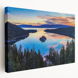 Large art of Lake Tahoe with deep blue and green hues on a stretched canvas, suitable for kitchen wall decor.