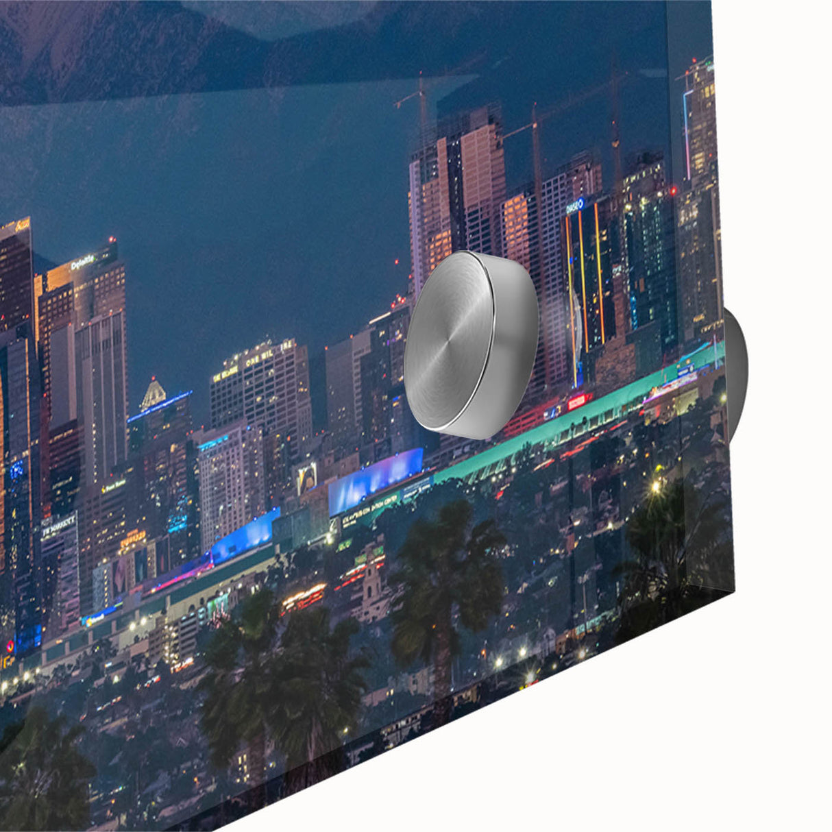 Large abstract wall art of Los Angeles skyline in muted earth tones on acrylic glass, ideal for dining room decor.
