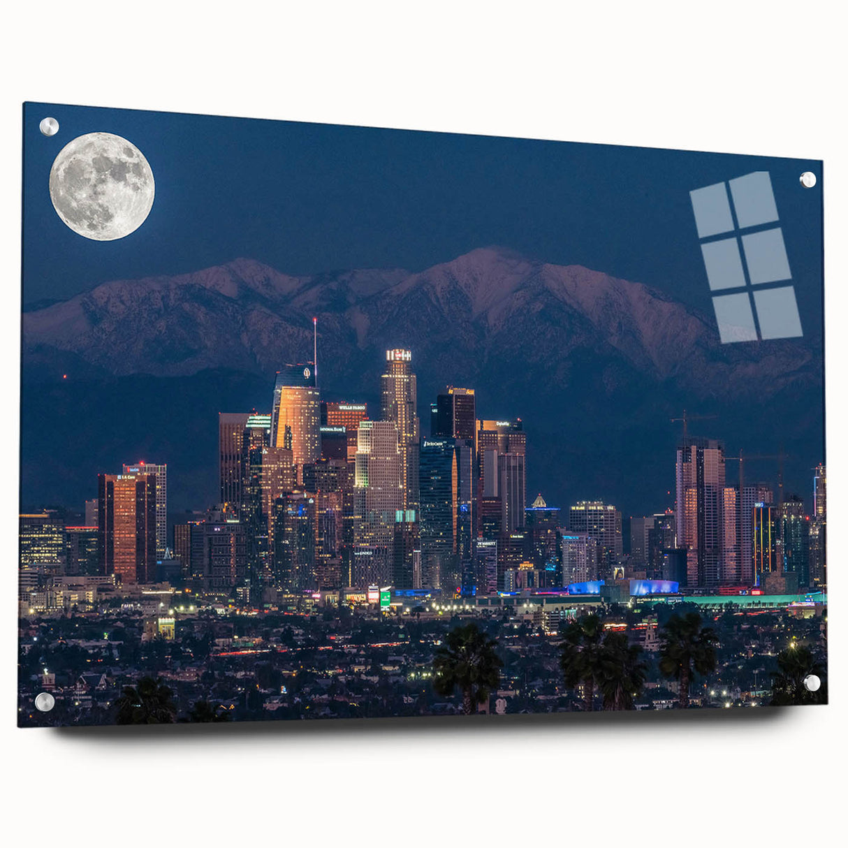 Acrylic print of a large abstract depiction of the Los Angeles skyline in muted earth tones.