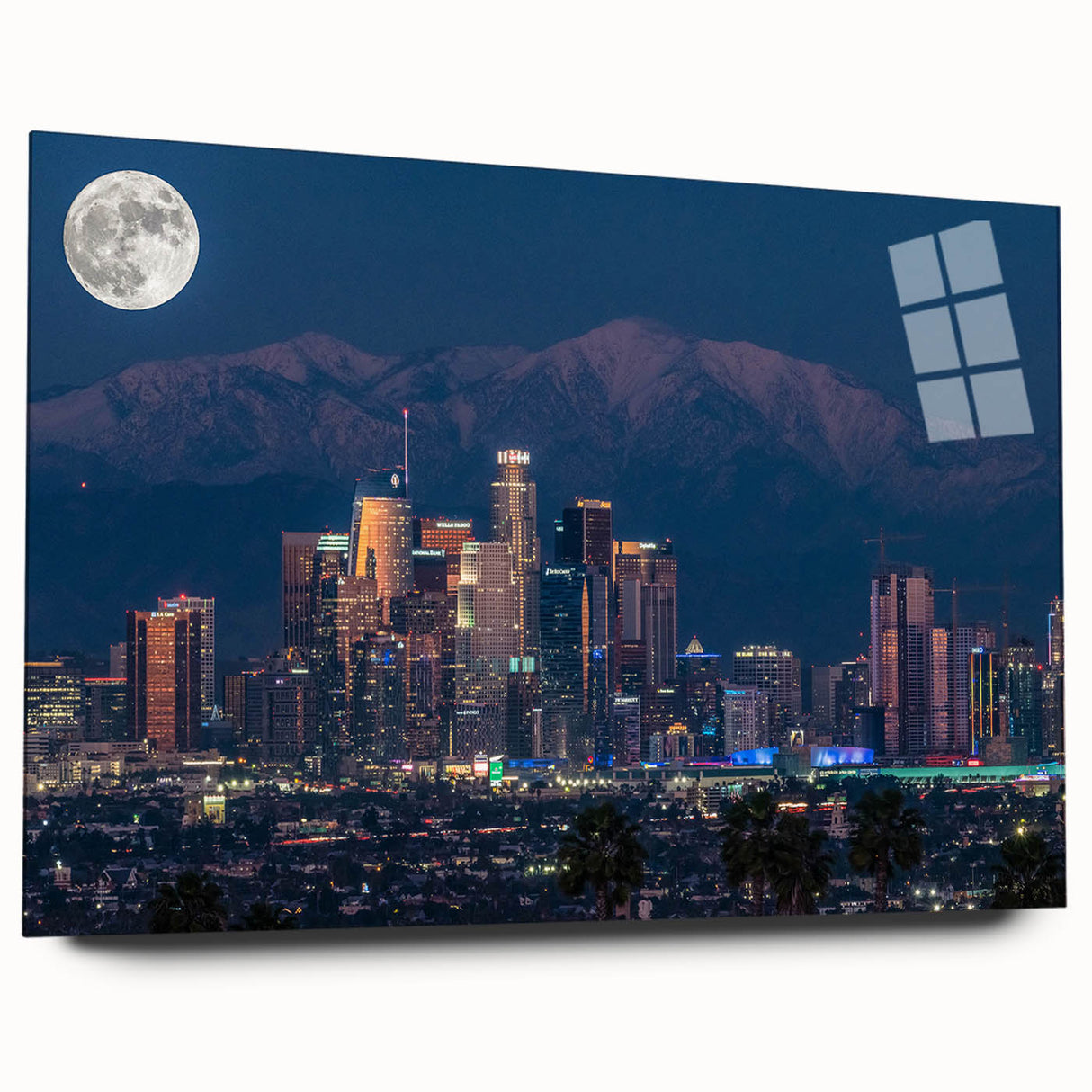 Large abstract depiction of the Los Angeles skyline in vibrant blue and orange hues on acrylic glass.