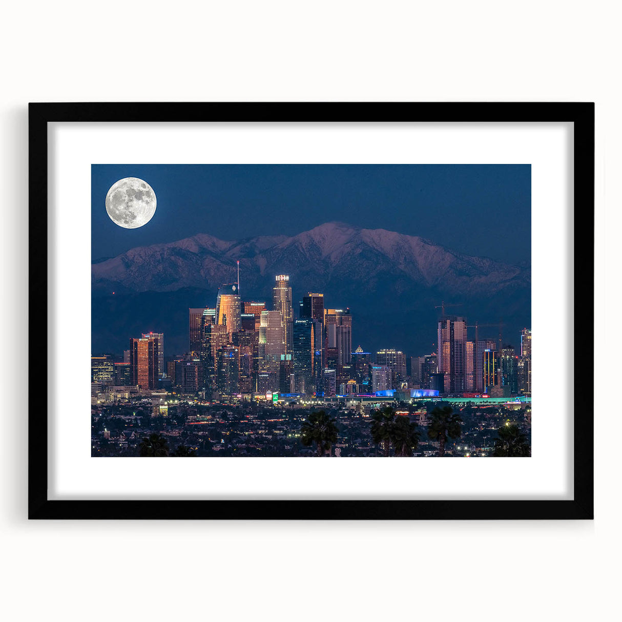 Extra large, textured abstract art print of Los Angeles skyline in vibrant colors on a framed canvas.