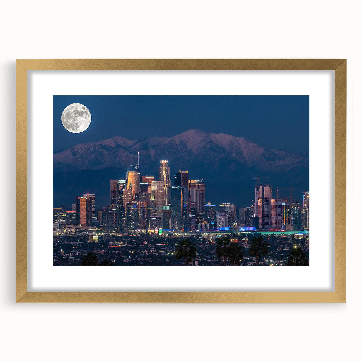Extra large abstract art print of Los Angeles skyline in muted gold and blue tones on a textured canvas.