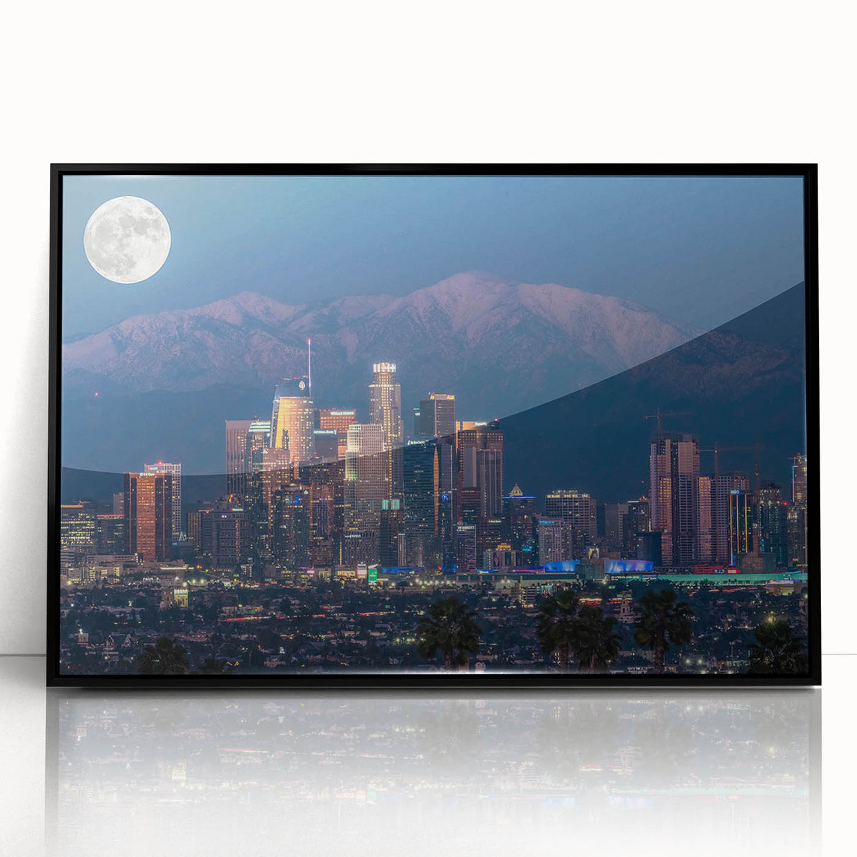 Large abstract wall art depicting a Los Angeles cityscape in muted gray tones on a framed acrylic.
