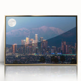Los Angeles cityscape in gold and blue tones, framed acrylic, mid-century modernist style.