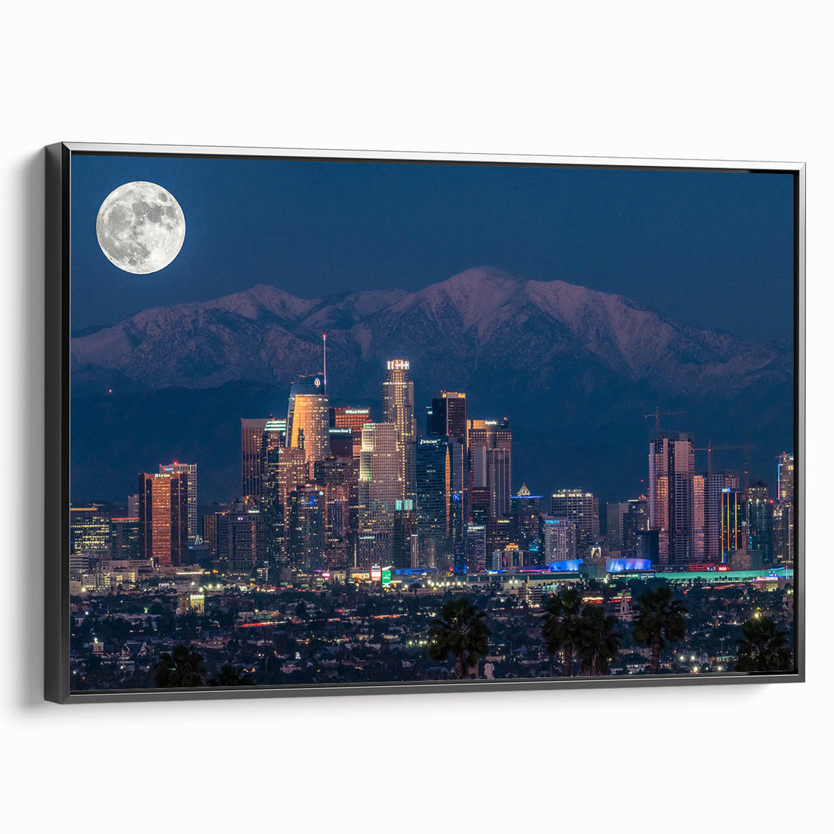 Black and white framed canvas of Los Angeles landscape, ideal for bedroom wall decor.
