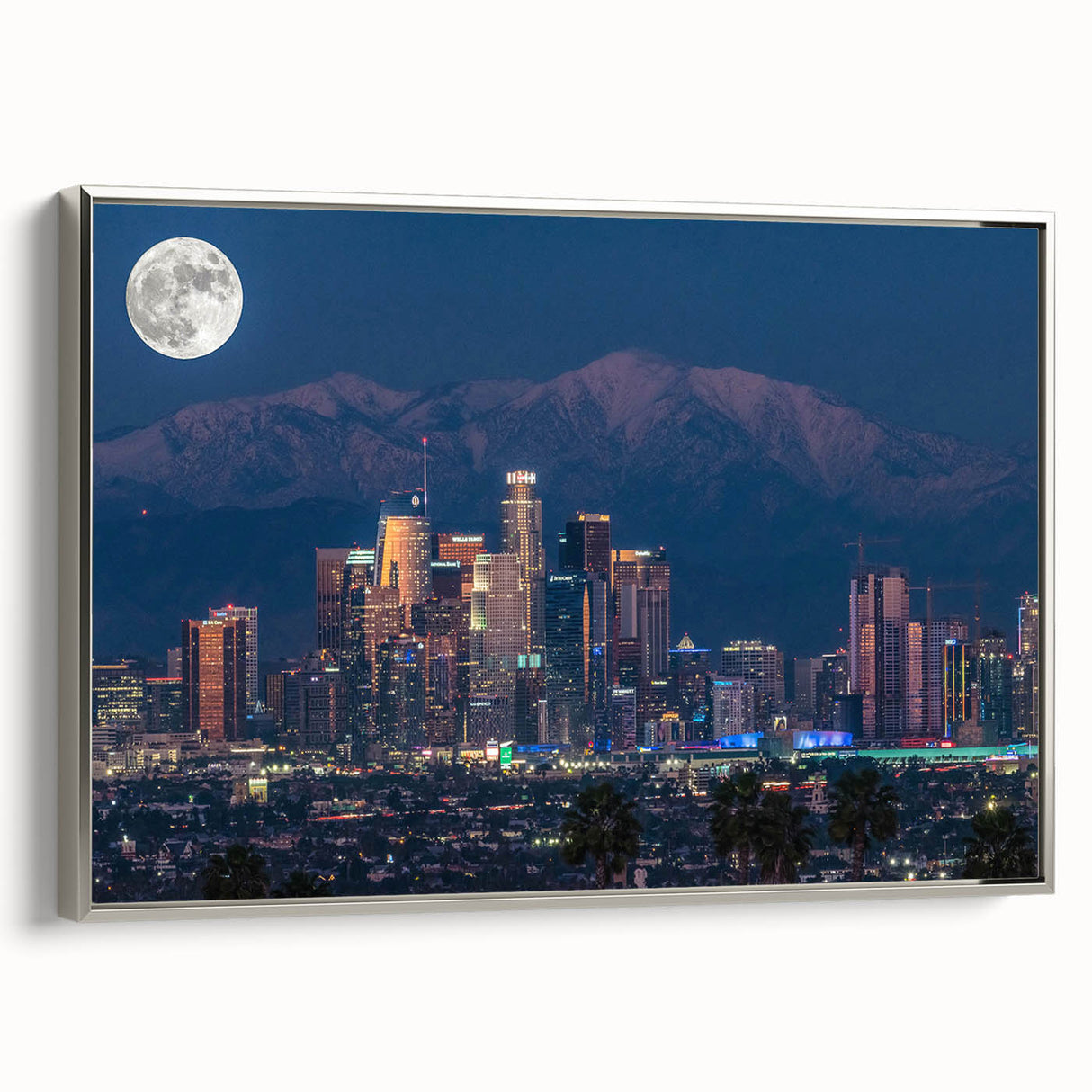 Framed canvas of a vintage Los Angeles landscape painting in vibrant colors on a black background.