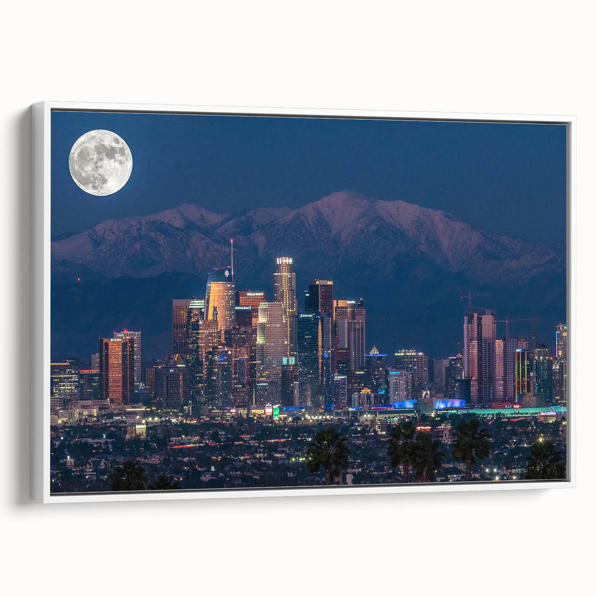 Vintage poster art of Los Angeles skyline in colorful hues on extra large framed canvas, ideal for living room decor.