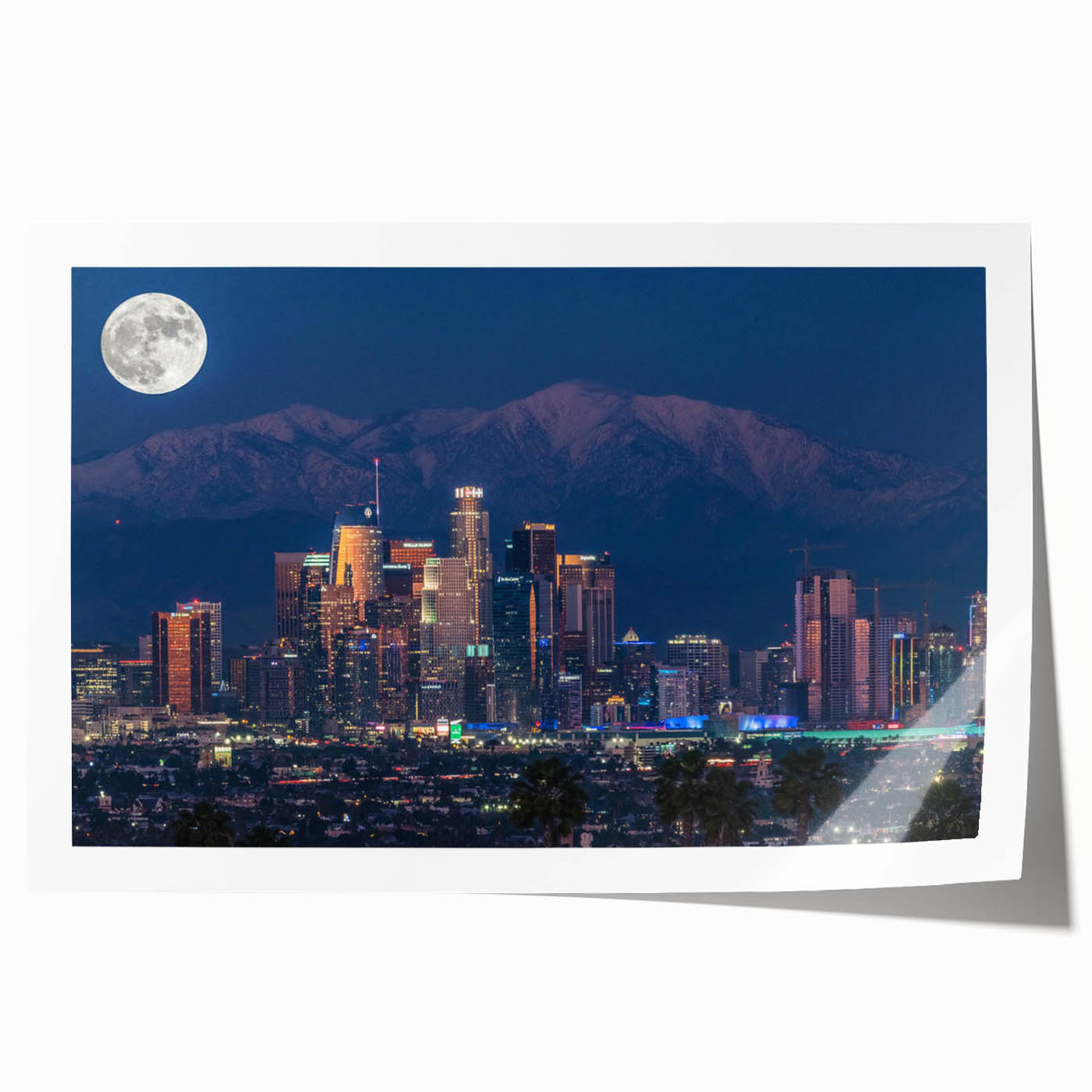 Rolled canvas print of Los Angeles skyline in muted gray and blue tones, ideal for art wall dining room.