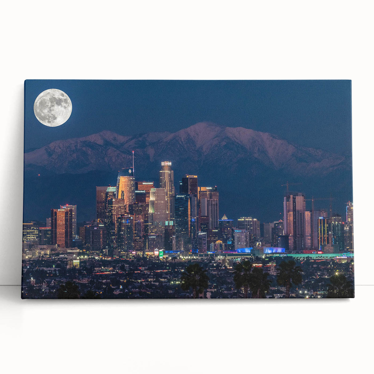 Black and white photo of Los Angeles skyline on stretched canvas, ideal for kitchen wall art.