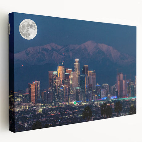 Los Angeles cityscape on large stretched canvas with vivid sunset colors, ideal for kitchen wall art.