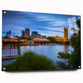 Large abstract wall art of Sacramento scenery in vibrant tones on acrylic glass, ideal for bedroom or dining room decor.