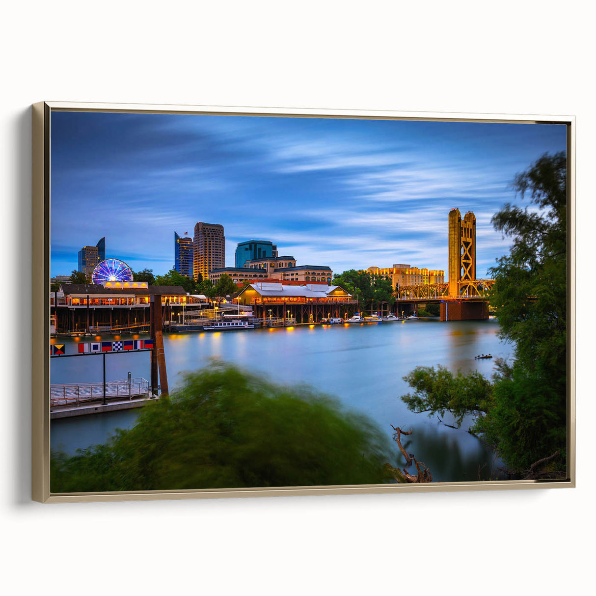 Framed canvas of Sacramento landscape in vintage poster style with gold and black palette, ideal for bedroom wall art.