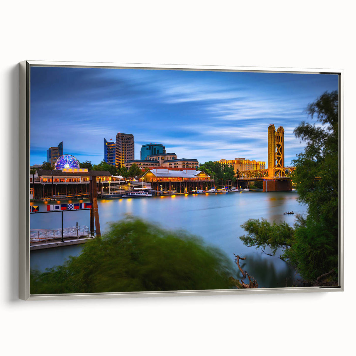 Landscape art painting of Sacramento featuring a vintage poster style on a framed canvas, with colorful art in black, silver.