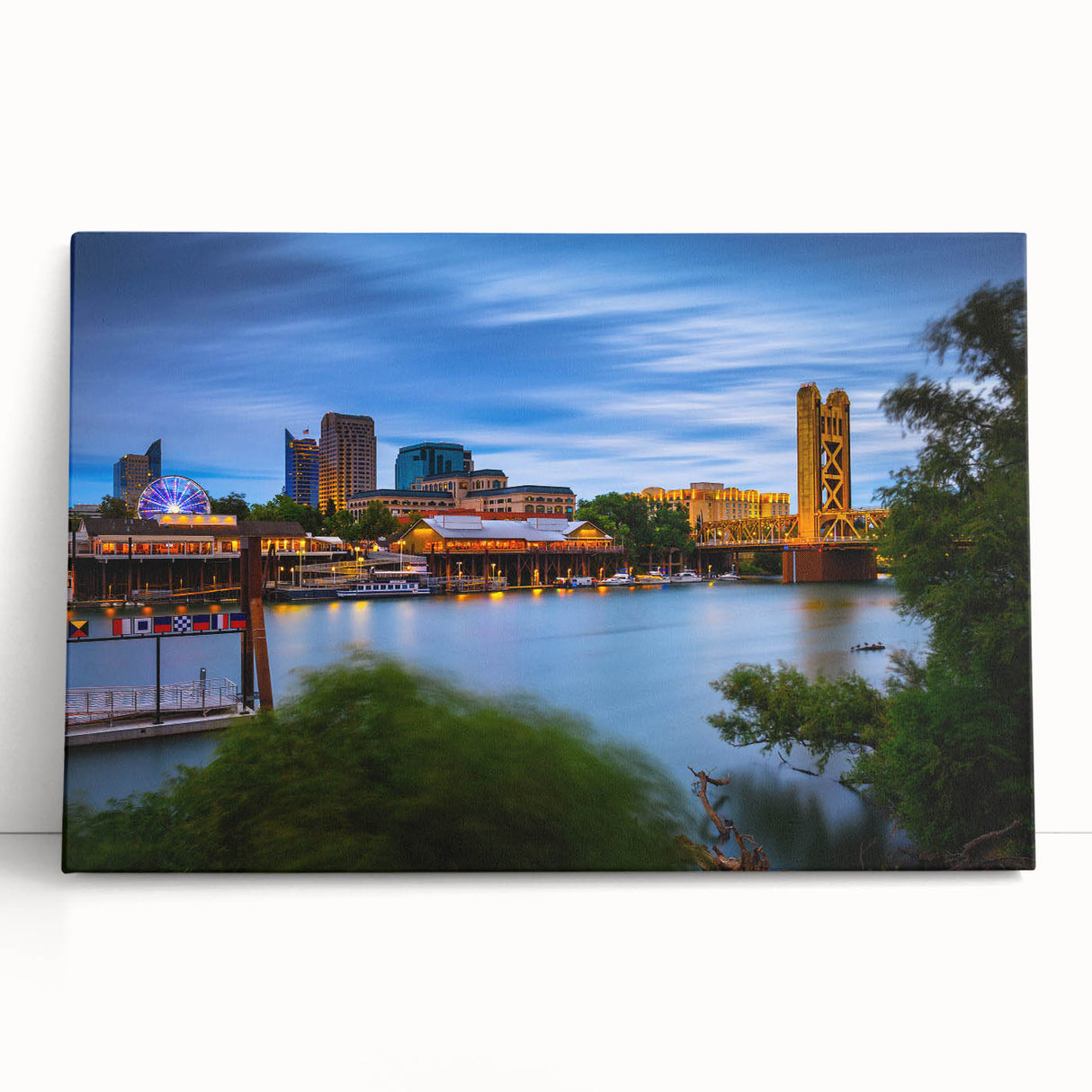 Black and white photo of the Sacramento skyline on large stretched canvas, ideal for kitchen wall art.