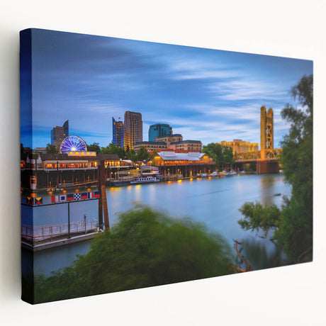 Large art print of Sacramento skyline in muted earth tones on stretched canvas, ideal for kitchen wall art.