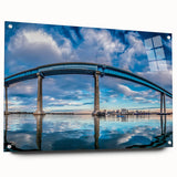 Acrylic print of a large abstract depiction of San Diego in vibrant blues and oranges, ideal for dining room decor.