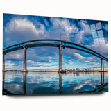 Acrylic print of a large abstract depiction of San Diego's skyline in muted blue and gray tones.