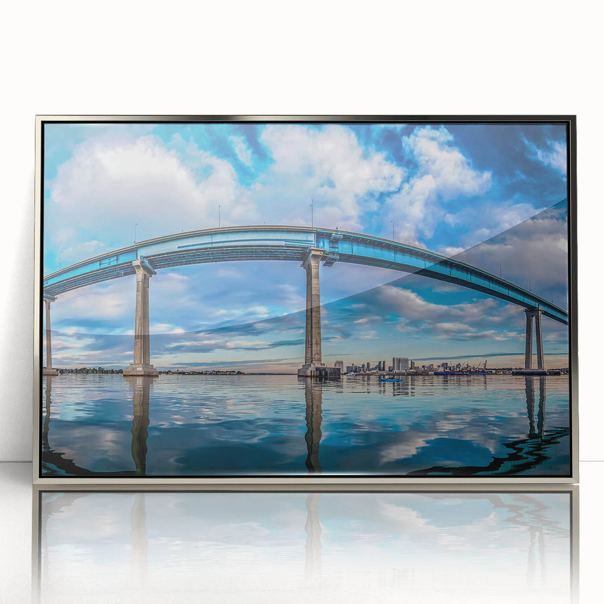 Mid-century modernist art depicting San Diego skyline in muted gray tones on framed acrylic, ideal for modern art wall decor.