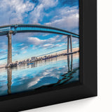 Extra large framed canvas featuring a textured depiction of the San Diego skyline in black with colorful accents.
