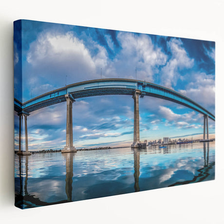 San Diego skyline depicted in muted blue and gray tones on a large stretched canvas, suitable for kitchen wall art.